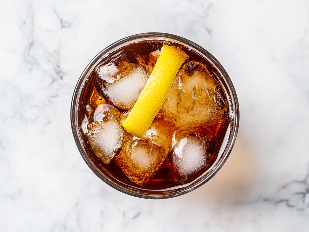 This image shows a glass filled with whiskey and Coca-Cola, served over chilled ice and garnished with a fresh lemon slice for a balanced and refreshing flavor.