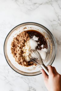 This image shows a bowl of teriyaki sauce ingredients being whisked together, ensuring a smooth and flavorful blend.