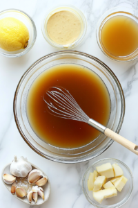 This image shows a small bowl with maple syrup, soy sauce, and spices being whisked together to create a sweet and savory glaze for the chicken.