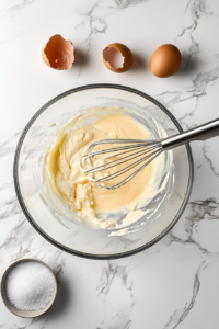 This image shows a bowl of eggs, half & half, and salt being whisked together to create a rich and creamy mixture for the breakfast casserole.