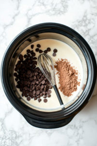 This image shows ingredients being whisked together in the crockpot to create a smooth, creamy hot chocolate mixture, ensuring all elements are well combined.