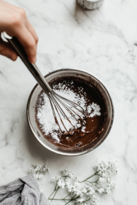 This image shows powdered sugar being whisked into the glaze, creating a silky and sweet topping for the pound cake.