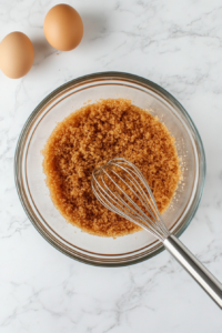 A mixing bowl filled with sugar, oil, and eggs being whisked together to create a smooth and creamy base for the pecan bread batter.