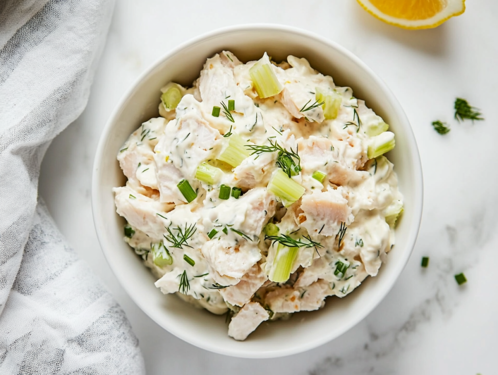 This image shows A creamy and flavorful whitefish salad made with mayonnaise, sour cream, chopped celery, dill, and chives, perfect for serving with bagels and bread.