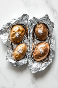 This image shows seasoned potatoes being individually wrapped in aluminum foil, helping to lock in moisture and ensure even cooking in the Crockpot.