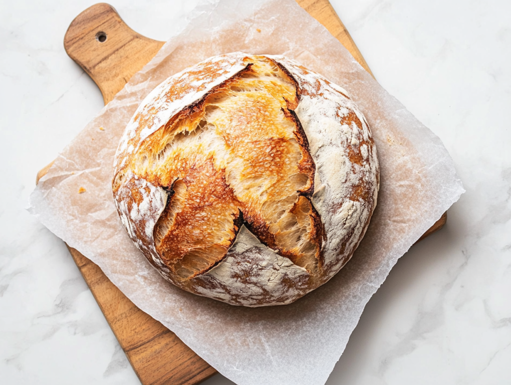 This image shows a round loaf of yeast bread with a crispy golden-brown crust and a soft, airy interior, resting on a wooden chopping board.