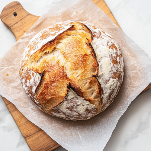 This image shows a round loaf of yeast bread with a crispy golden-brown crust and a soft, airy interior, resting on a wooden chopping board.