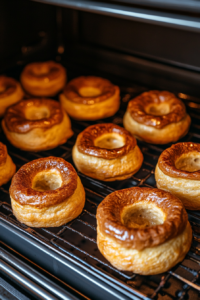 This image shows Yorkshire puddings baking in the oven, rising beautifully with a crisp golden brown exterior and a soft, airy inside.