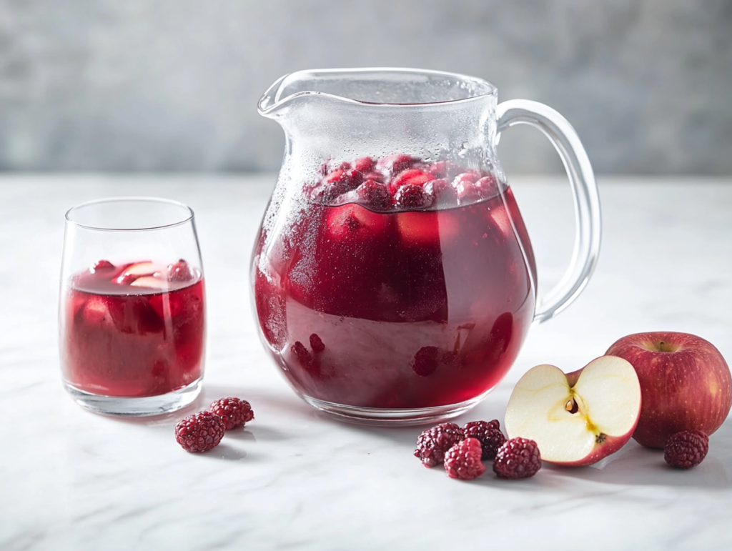 This image shows a glass jar filled with chilled red kompot, with fresh raspberries floating on top. Beside the jar, there are sliced apples, highlighting the fruity ingredients of this refreshing homemade drink. The scene captures the vibrant and natural essence of traditional kompot.