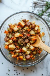 adding-remaining-bread-cubes-and-seasoning-to-stuffing-top-down-view