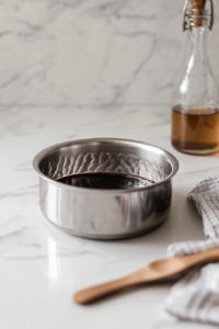 This image shows vanilla extract being added to the simmering sauce, enhancing the overall flavor profile of the dressing for the fruit salad.