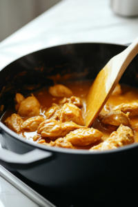 This image shows water being poured into the pot to adjust the consistency of the chicken gravy, ensuring a smooth and well-balanced texture.