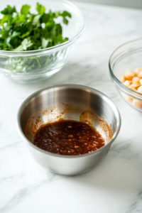 This image shows the sauce cooling down in a bowl, preparing it to be poured over the fruit to complete the German Fruit Salad.