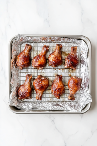 This image shows the prepared lollipop chicken legs neatly arranged on a wire rack, ready for baking.