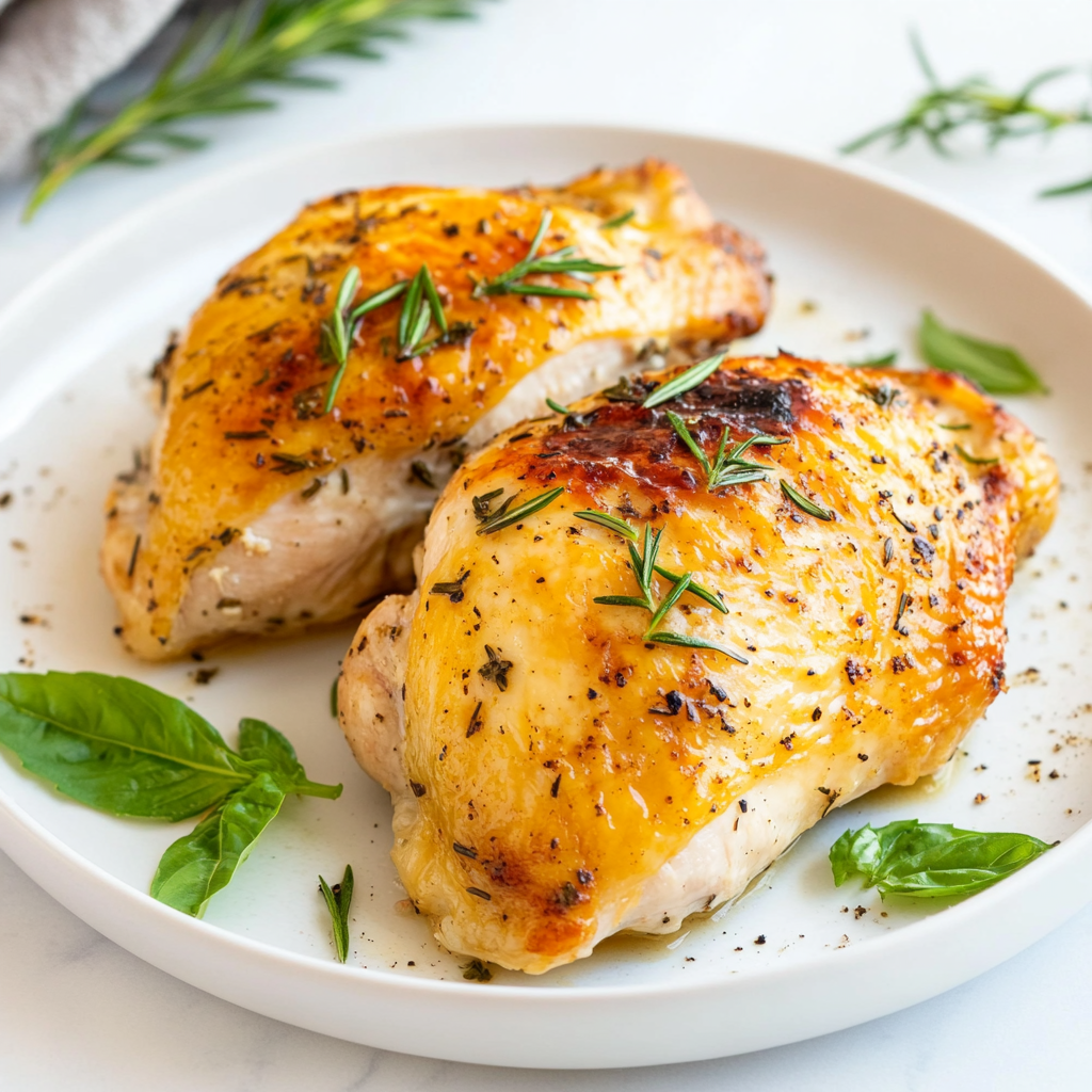 This image shows a perfectly baked split chicken breast with a golden-brown roasted outer texture, infused with herbs and beautifully garnished on top, creating a flavorful and visually appealing dish.