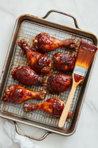 This image shows a brush generously coating the partially baked chicken lollipops with a thick layer of BBQ sauce.