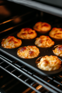 This image shows the breakfast muffins baking in the oven, turning golden brown and rising to perfection, releasing a mouthwatering aroma as they cook.