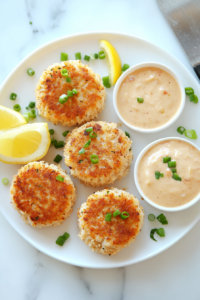 This image shows a plate of crispy, golden-brown crab cakes garnished with fresh herbs, accompanied by a side of creamy dipping sauce, making for an inviting and delicious presentation.