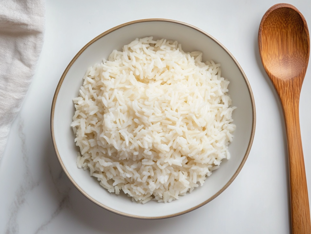 A bowl of freshly cooked Bomba rice, served in a round white bowl with a wooden spoon resting on the side, ready to be enjoyed.