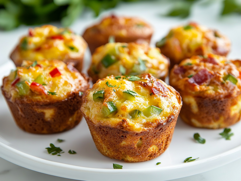 This image shows a plate of golden-brown breakfast muffins, infused with vegetables, served on a white plate, showcasing a quick and nutritious breakfast option that's both savory and satisfying.