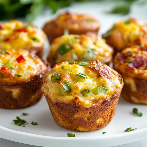 This image shows a plate of golden-brown breakfast muffins, infused with vegetables, served on a white plate, showcasing a quick and nutritious breakfast option that's both savory and satisfying.