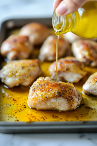 This image shows chicken thighs being coated with a mixture of olive oil and lemon juice, ensuring a juicy and flavorful result.