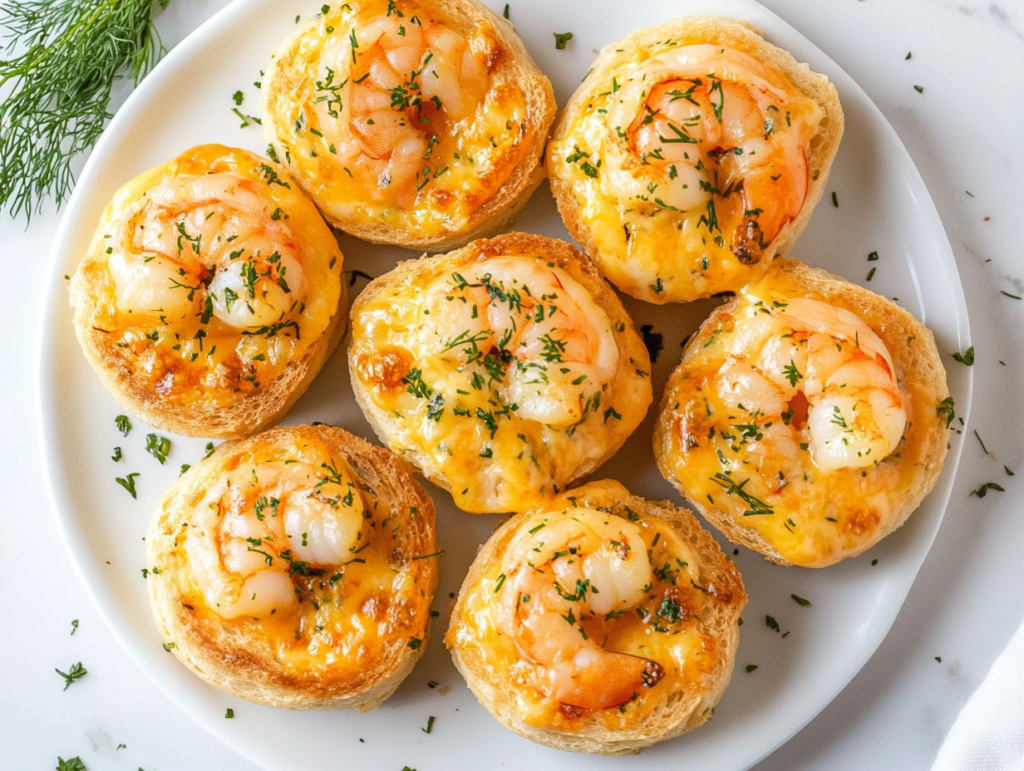 This image shows a round Cheesy Shrimp Tea Sandwich topped with chopped fresh herbs, showcasing its golden, cheesy filling.