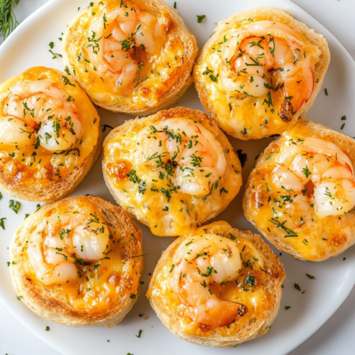 This image shows a round Cheesy Shrimp Tea Sandwich topped with chopped fresh herbs, showcasing its golden, cheesy filling.