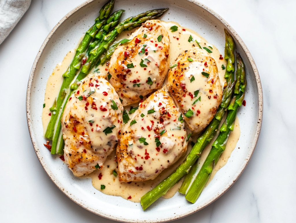 This image shows a plated dish of chicken and asparagus in a rich white cream sauce with melted butter and sautéed onions, ready to be served.