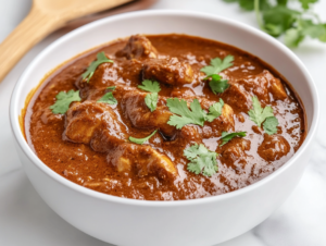 This image shows a rich and flavorful chicken gravy made with Kashmiri red chilies, ripe tomatoes, creamy cashews, and tender chicken pieces, served in a white bowl, perfect for a comforting meal.