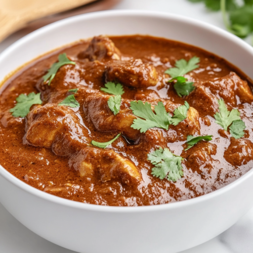 This image shows a rich and flavorful chicken gravy made with Kashmiri red chilies, ripe tomatoes, creamy cashews, and tender chicken pieces, served in a white bowl, perfect for a comforting meal.