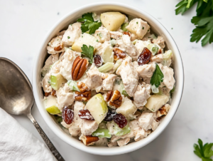 This image shows a delicious bowl of chicken salad made with canned chicken, creamy salad dressing, pickle relish, diced apples, chopped pecans, sliced celery, and raisins, creating a flavorful and textured dish.