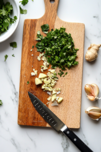 This image shows a clean white marble countertop with fresh cilantro, garlic, and ginger laid out for chopping, preparing the essential ingredients for green chutney.