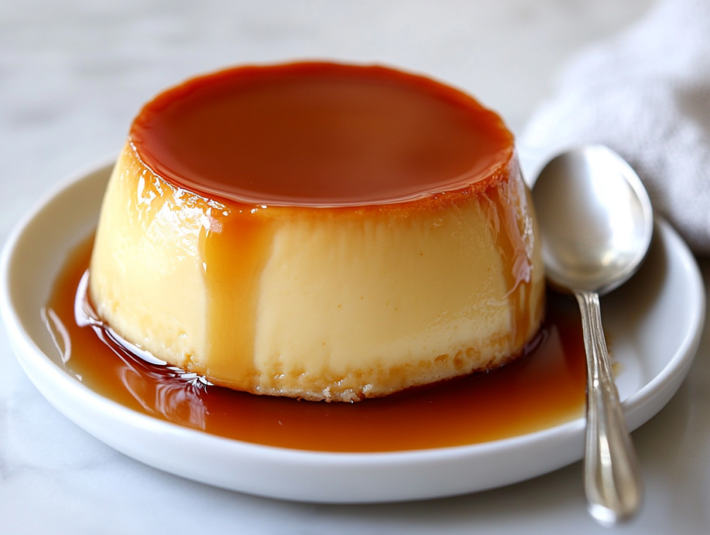 classic-round-flan-de-leche-with-a-rich-caramel-glaze-served-on-a-white-plate