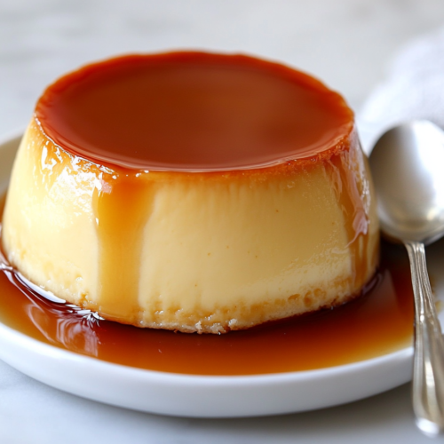 classic-round-flan-de-leche-with-a-rich-caramel-glaze-served-on-a-white-plate