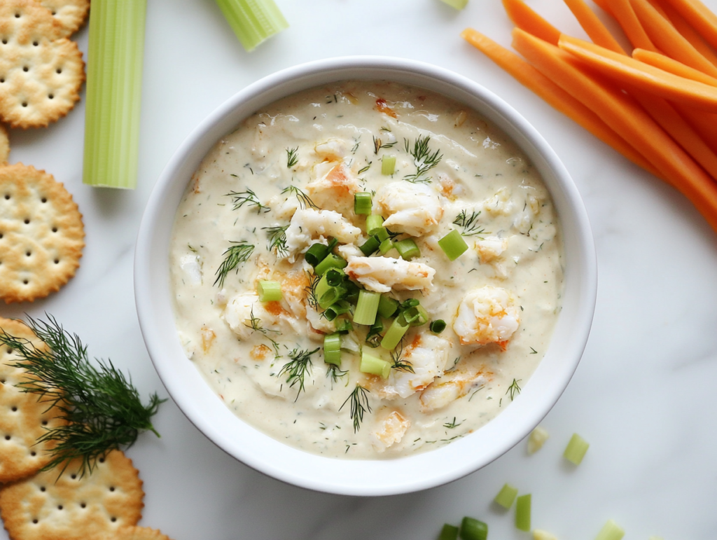 This image shows a creamy and smooth cold crab dip elegantly presented in a white bowl, topped with finely chopped fresh dill, highlighting its rich texture and vibrant flavors.