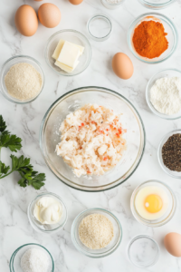 This image shows a neatly arranged collection of fresh ingredients, including crab meat, breadcrumbs, eggs, and various seasonings, all set on a clean countertop, ready to be used for making homemade crab cakes.