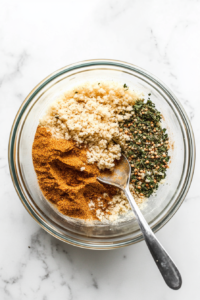 This image shows a mixing bowl filled with breadcrumbs, salt, pepper, and various seasonings being stirred together to form the dry mixture needed for perfectly flavored crab cakes.