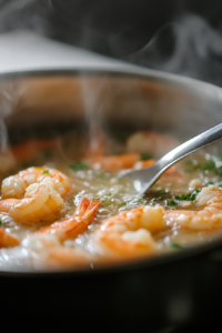 This image shows a ladle stirring the simmering soup, incorporating all the ingredients before garnishing with green onions and sesame seeds.