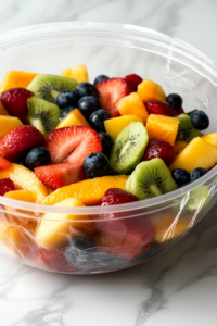 This image shows the German Fruit Salad being covered and placed in the refrigerator, allowing the sauce to soak into the fruits for a refreshing and flavorful dish.