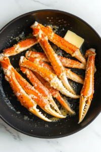 This image shows crab legs frying in a hot skillet, sizzling as they turn golden brown, developing a crispy and delicious outer crust while sealing in the juicy flavors inside.