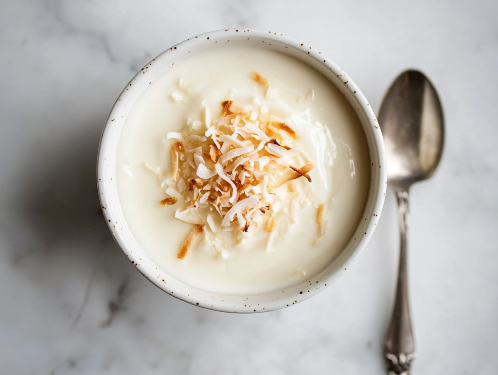 This image shows a smooth and creamy coconut pudding served in a white bowl, generously topped with shredded coconut, with a spoon placed next to it.