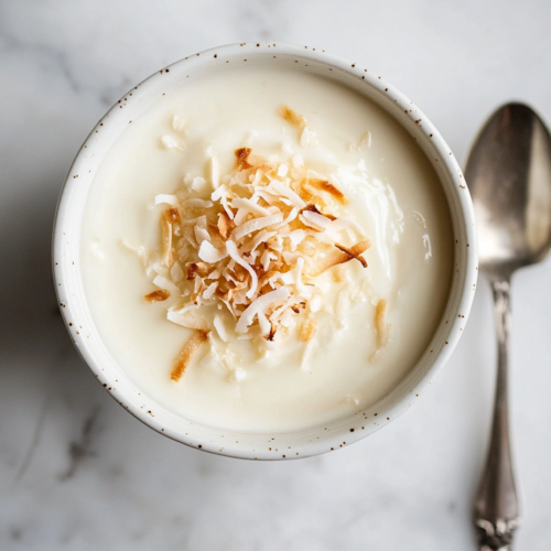 This image shows a smooth and creamy coconut pudding served in a white bowl, generously topped with shredded coconut, with a spoon placed next to it.