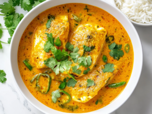 This image shows a creamy Goan Fish Curry with a rich yellow-orange coconut-based sauce, tender fish pieces, and a generous topping of freshly chopped cilantro for a vibrant and aromatic finish.