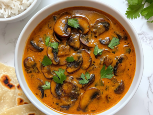 This image shows a bowl of creamy Mushroom Masala, featuring a rich brown curry with tender mushroom pieces, garnished with fresh chopped coriander for a vibrant and aromatic touch.