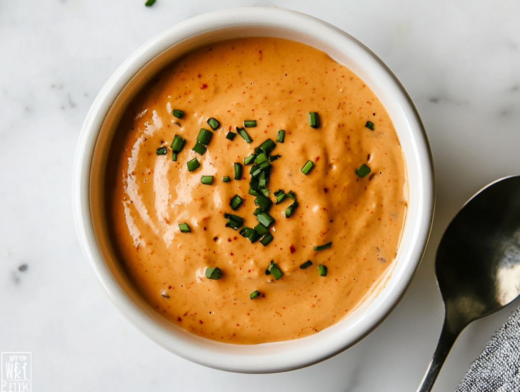 This image shows a rich, creamy crab cake sauce with a vibrant orange hue, made from mayonnaise, mustard, lemon juice, hot sauce, Creole seasoning, and other spices, elegantly topped with finely chopped green onions.