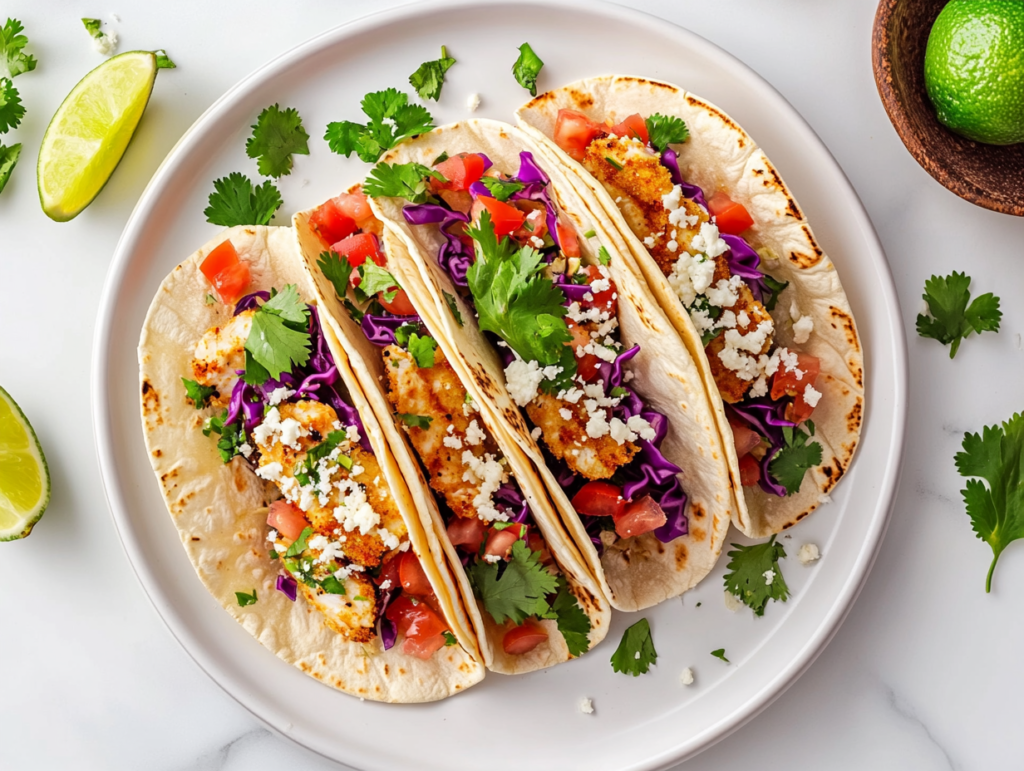 This image shows a plate of freshly assembled fish tacos, filled with chopped firefish, melted cheese, and a medley of vibrant vegetables, topped with freshly chopped cilantro for a burst of flavor.