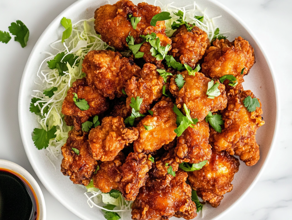 This image shows the final plated dish of crispy Karaage chicken, beautifully arranged with shredded cabbage and a garnish of cilantro.