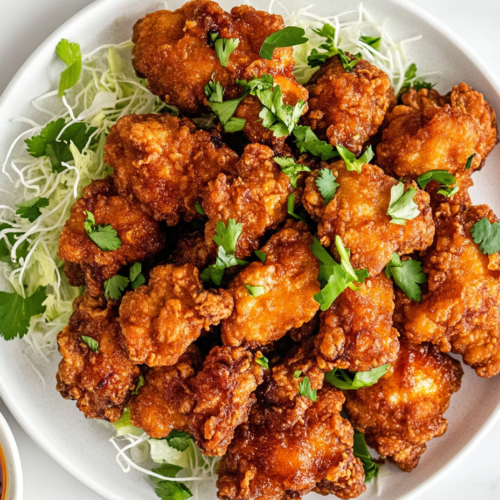 This image shows the final plated dish of crispy Karaage chicken, beautifully arranged with shredded cabbage and a garnish of cilantro.