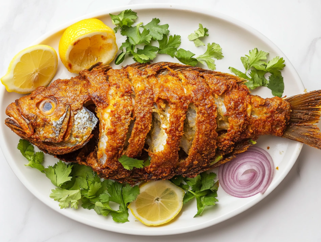 This image shows a whole fish fried to crispy, golden perfection, garnished with fresh chopped cilantro, and served on a round white plate with onion rings and a half-cut lemon on the side.